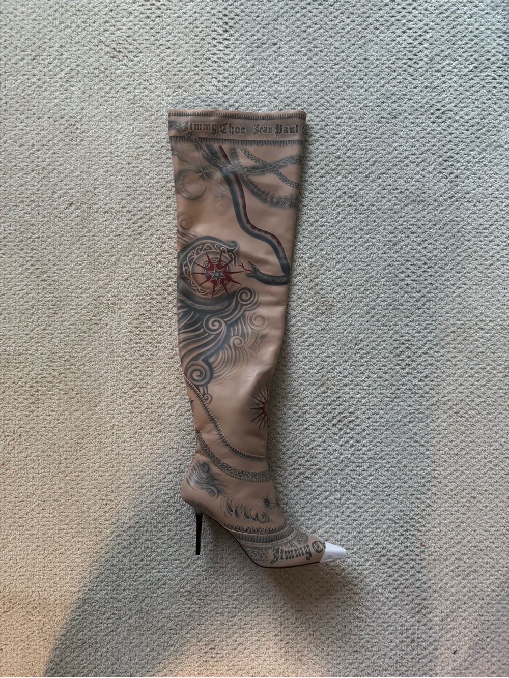 Jimmy Choo Jean Paul Gaultier Over-the-Knee Tattoo-Print Stiletto Boots in Beige - Picture 2 of 9